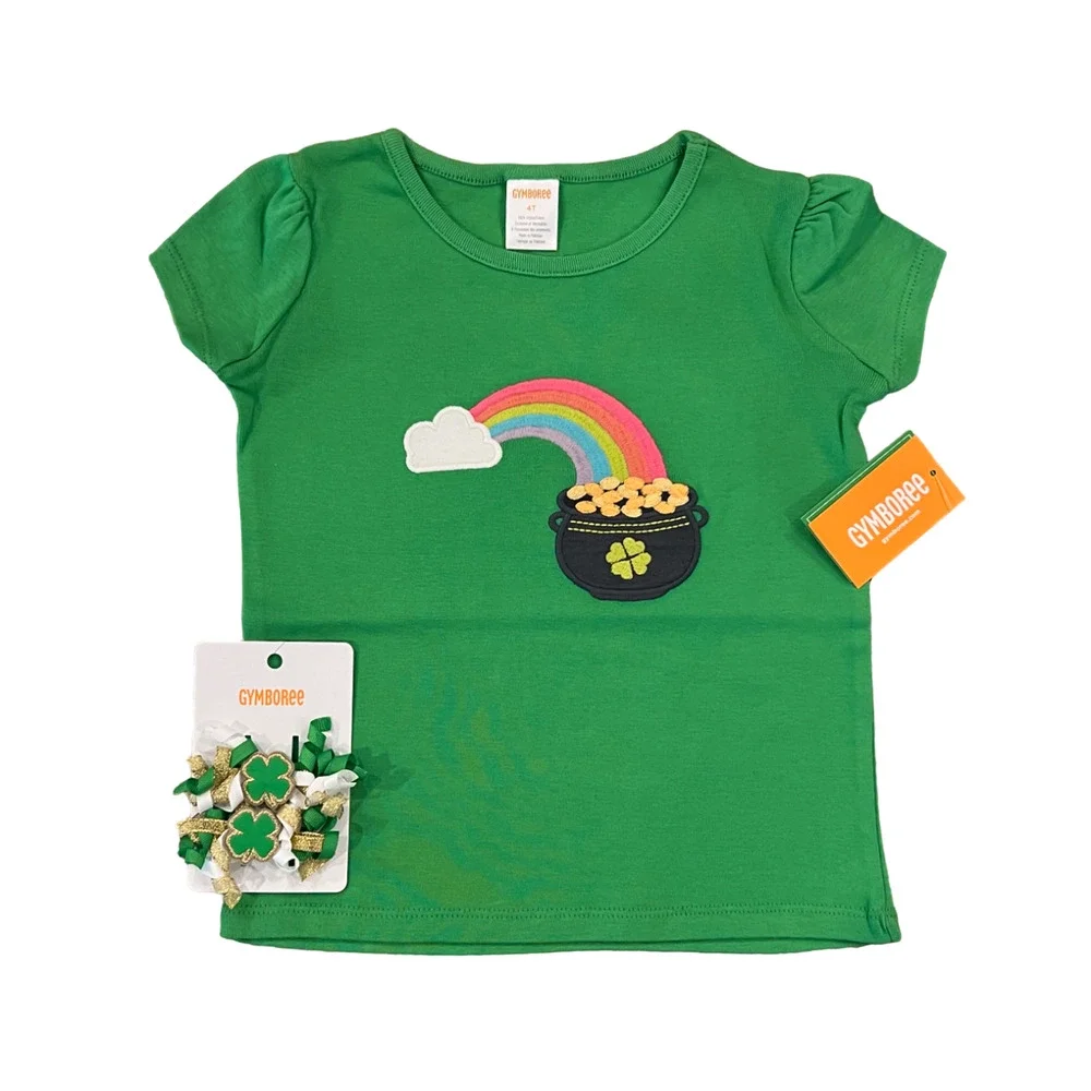 NWT Gymboree Green W/Embroidered Rainbow Top & Shamrock Hair Clips -